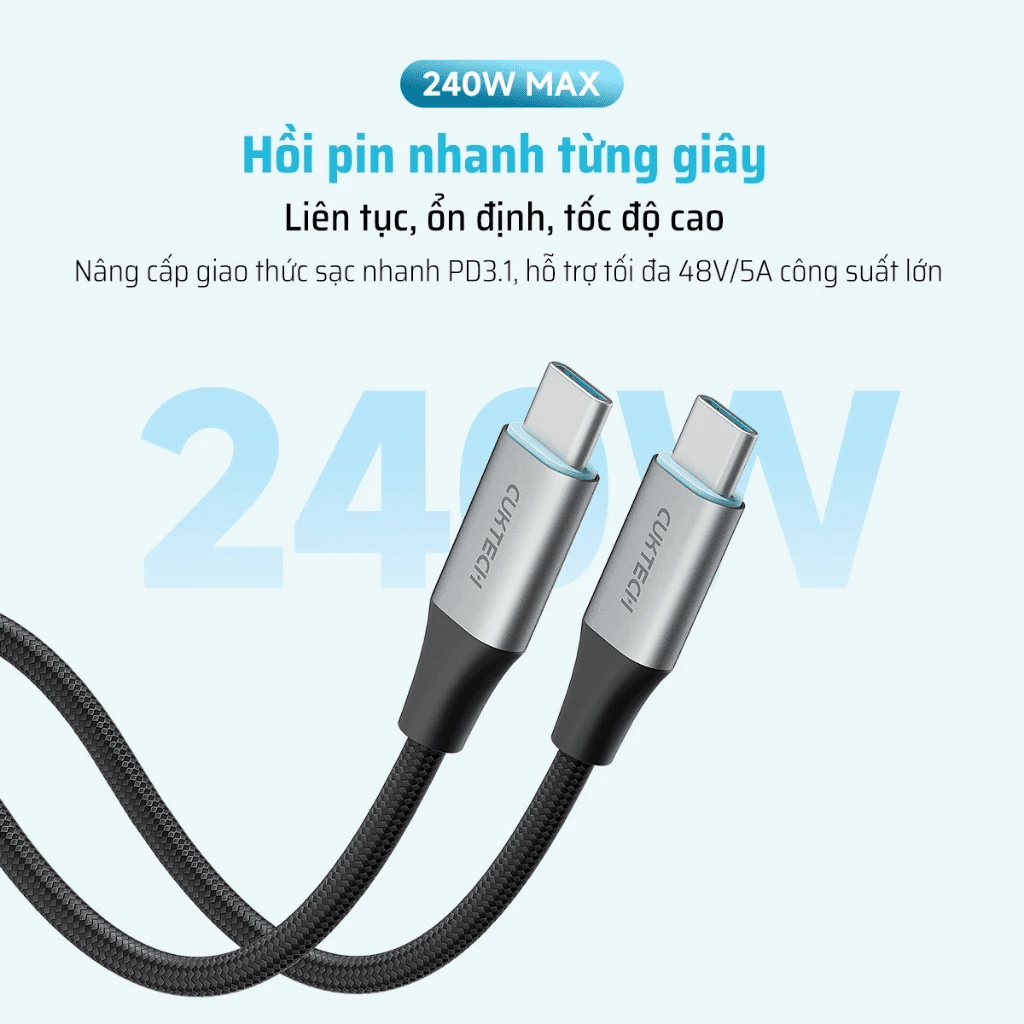 Cáp sạc nhanh C to C CUKTECH CMC615 240W đầu nam châm từ tính