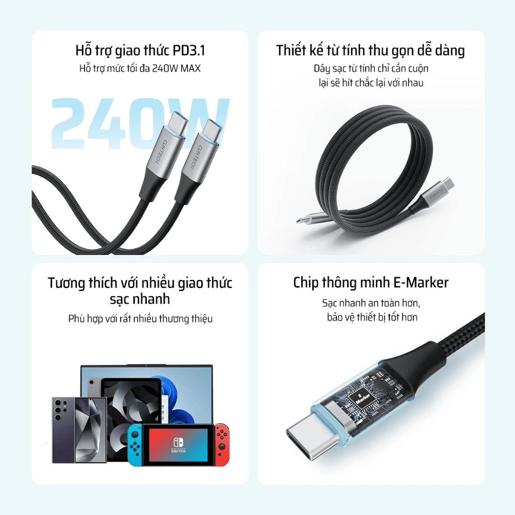 Công suất sạc 240W mạnh mẽ của cáp CUKTECH CMC615 cho laptop và smartphone