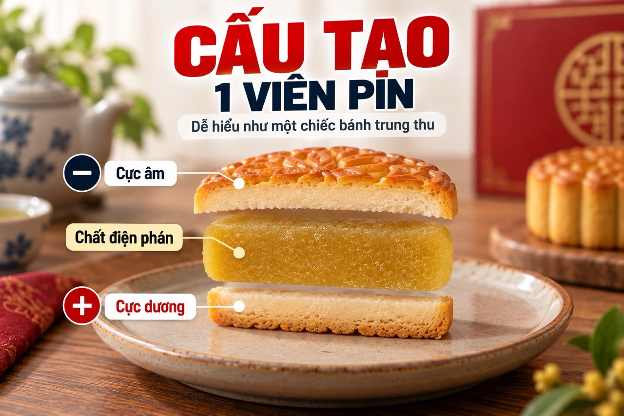 Minh họa cấu tạo viên pin qua mặt cắt chiếc bánh trung thu nhân dẻo (Khổ TikTok)