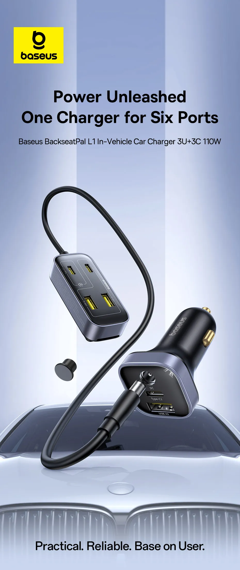 Bộ sạc ô tô nối dài ghế sau Baseus L1 3U+3C 110W - Ảnh 11