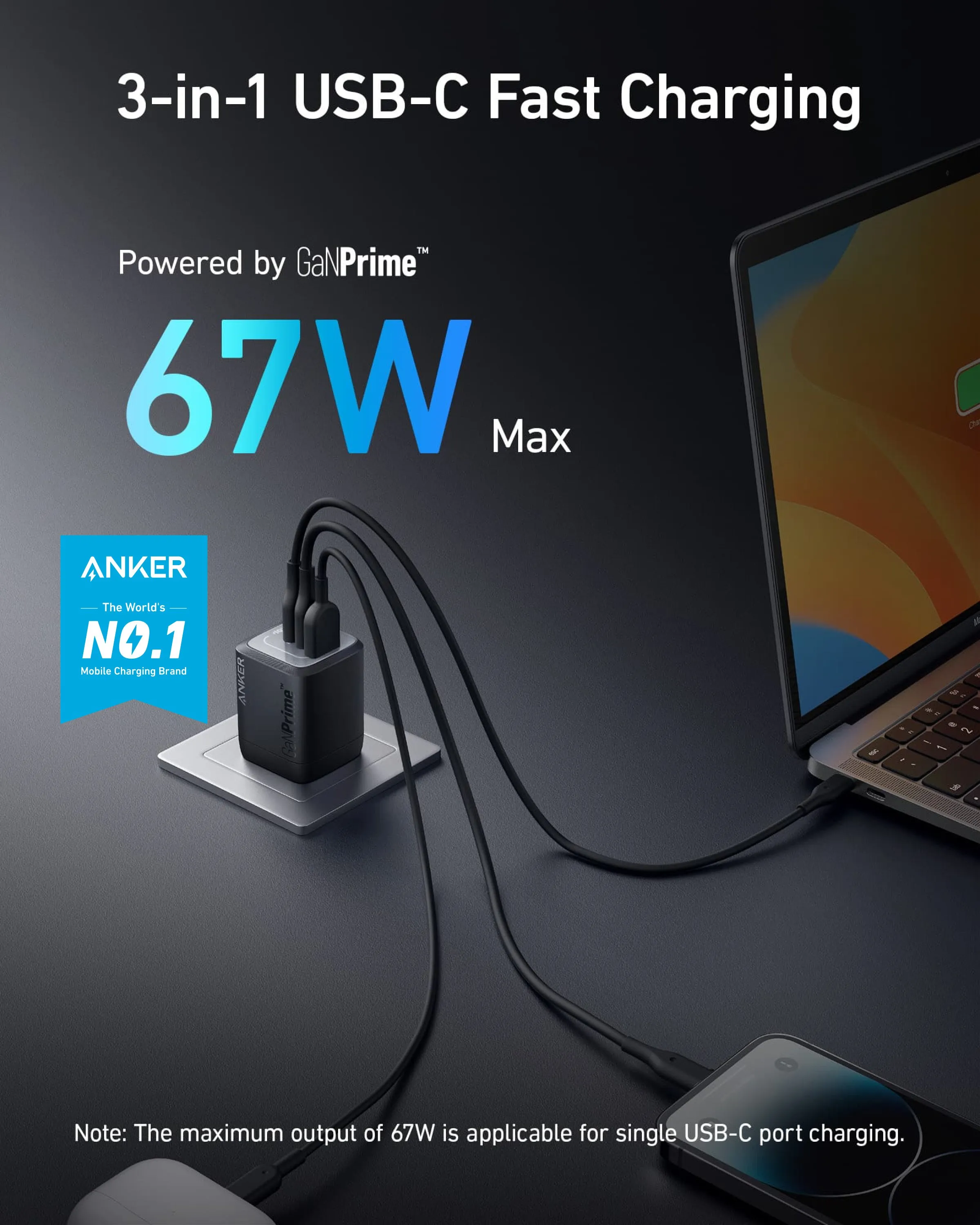 Củ sạc Anker Zolo A2669 67W khi cắm điện, đèn LED báo hiệu hoạt động