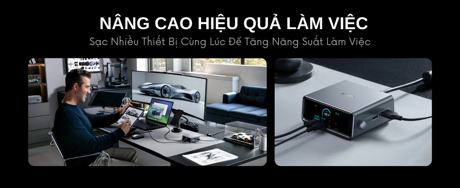 Tổng thể Trạm Sạc Nhanh ANKER GaNPrime A2345 250W, giải pháp sạc mạnh mẽ với nhiều cổng tiện lợi cho mọi thiết bị