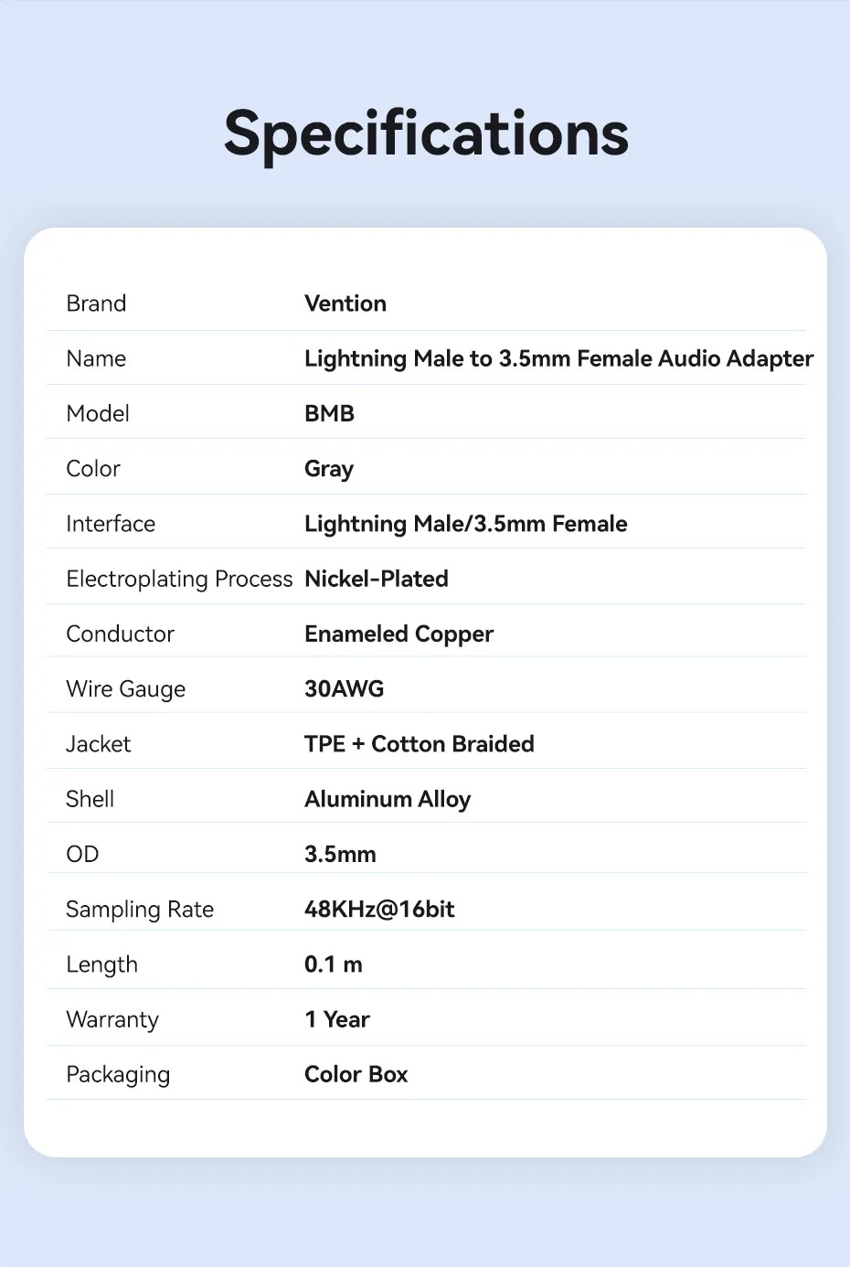 Cáp chuyển Lightning to 3.5mm VENTION BMB chính hãng với chip DAC