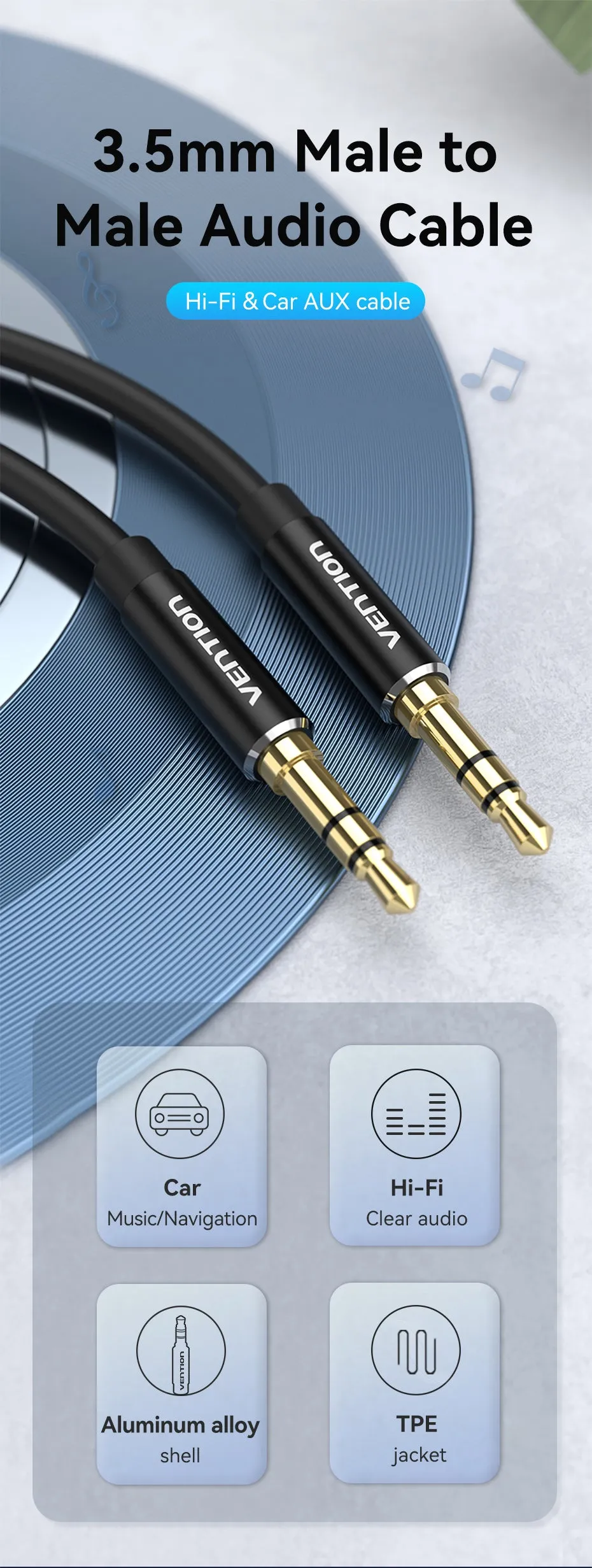Dây cáp âm thanh AUX Audio 3.5 VENTION BAX chất lượng cao