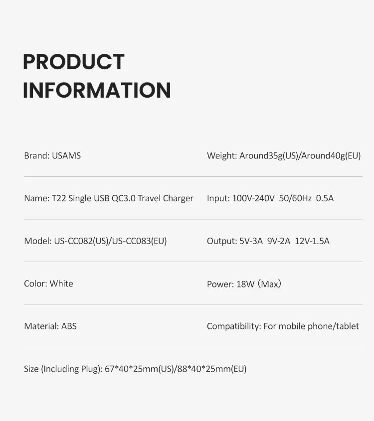 Củ sạc USAMS CC083 tương thích nhiều thiết bị