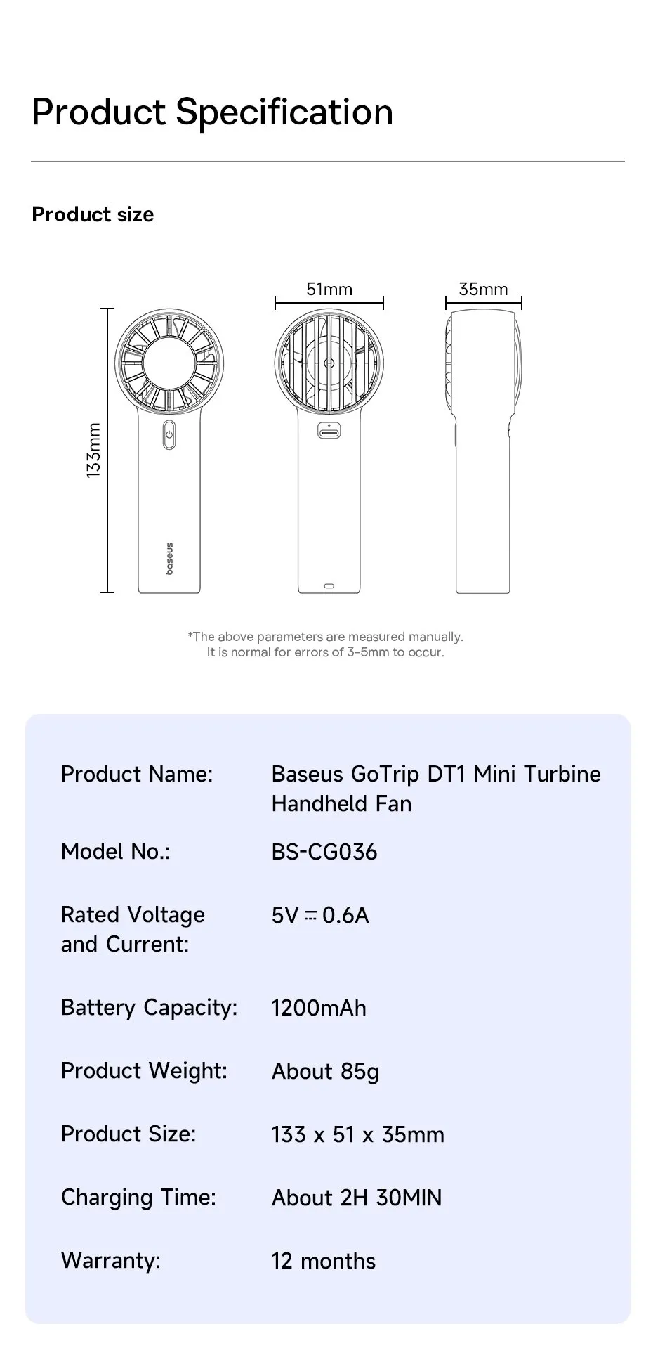 Thông số kỹ thuật chi tiết của quạt Baseus