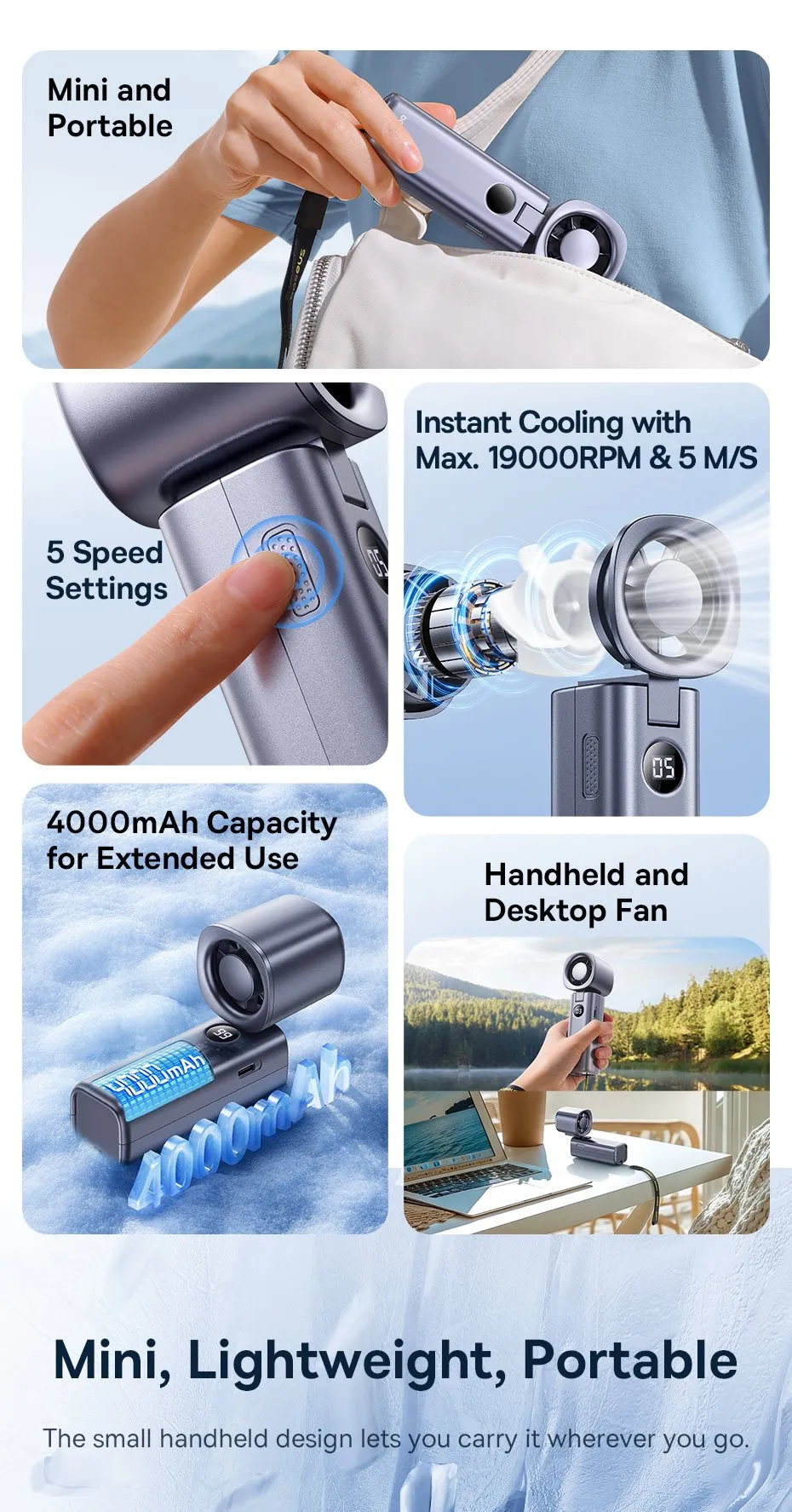 Quạt sạc mini Baseus GoTrip DT1 với 5 cấp độ gió tùy chỉnh