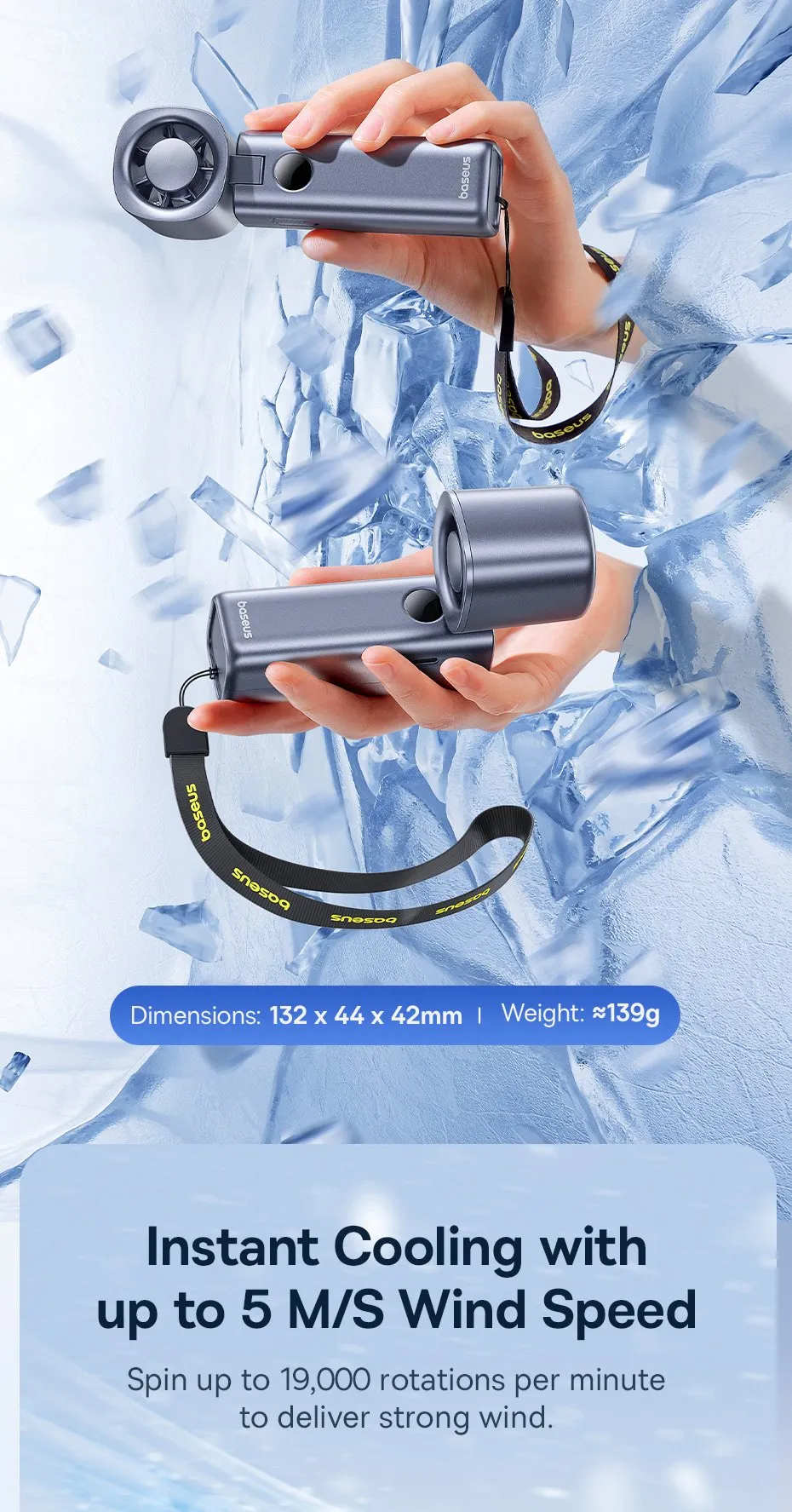 Thiết kế gập 90 độ linh hoạt của quạt Baseus GoTrip DT1