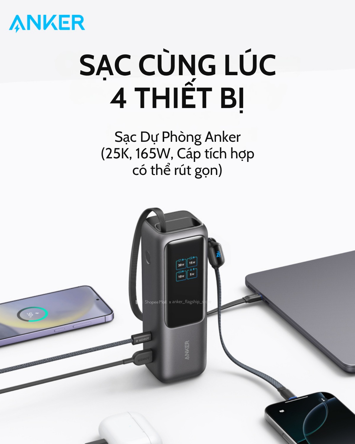 Sạc dự phòng 25000mAh ANKER A1695 sạc cùng lúc nhiều thiết bị