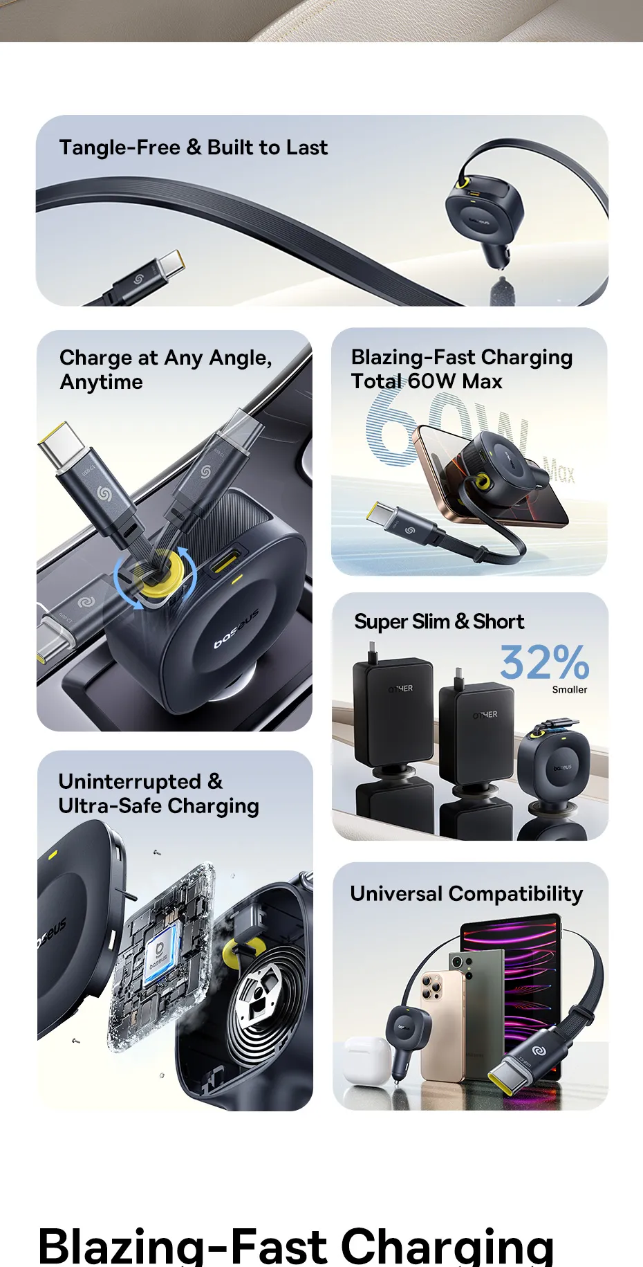 Cận cảnh cổng sạc Type C và cáp Type C trên tẩu sạc Baseus PrimeTrip VR2