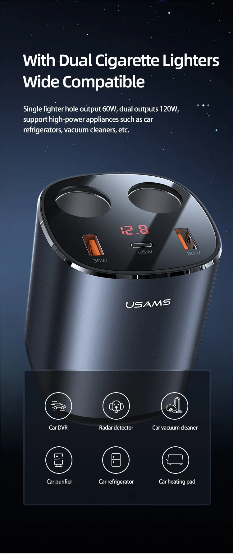 Công suất sạc 65W qua cổng Type-C của tẩu USAMS CC151