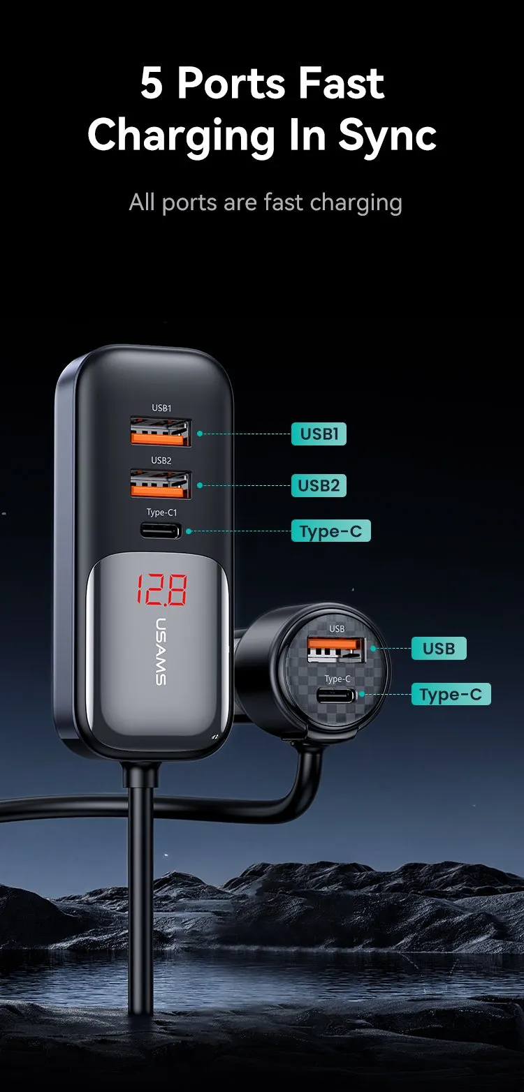 Tẩu sạc ô tô 165W hỗ trợ sạc nhanh 5 thiết bị đồng thời