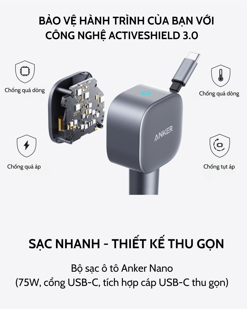 Cận cảnh cổng sạc USB-C và cáp tích hợp trên tẩu ANKER A2738