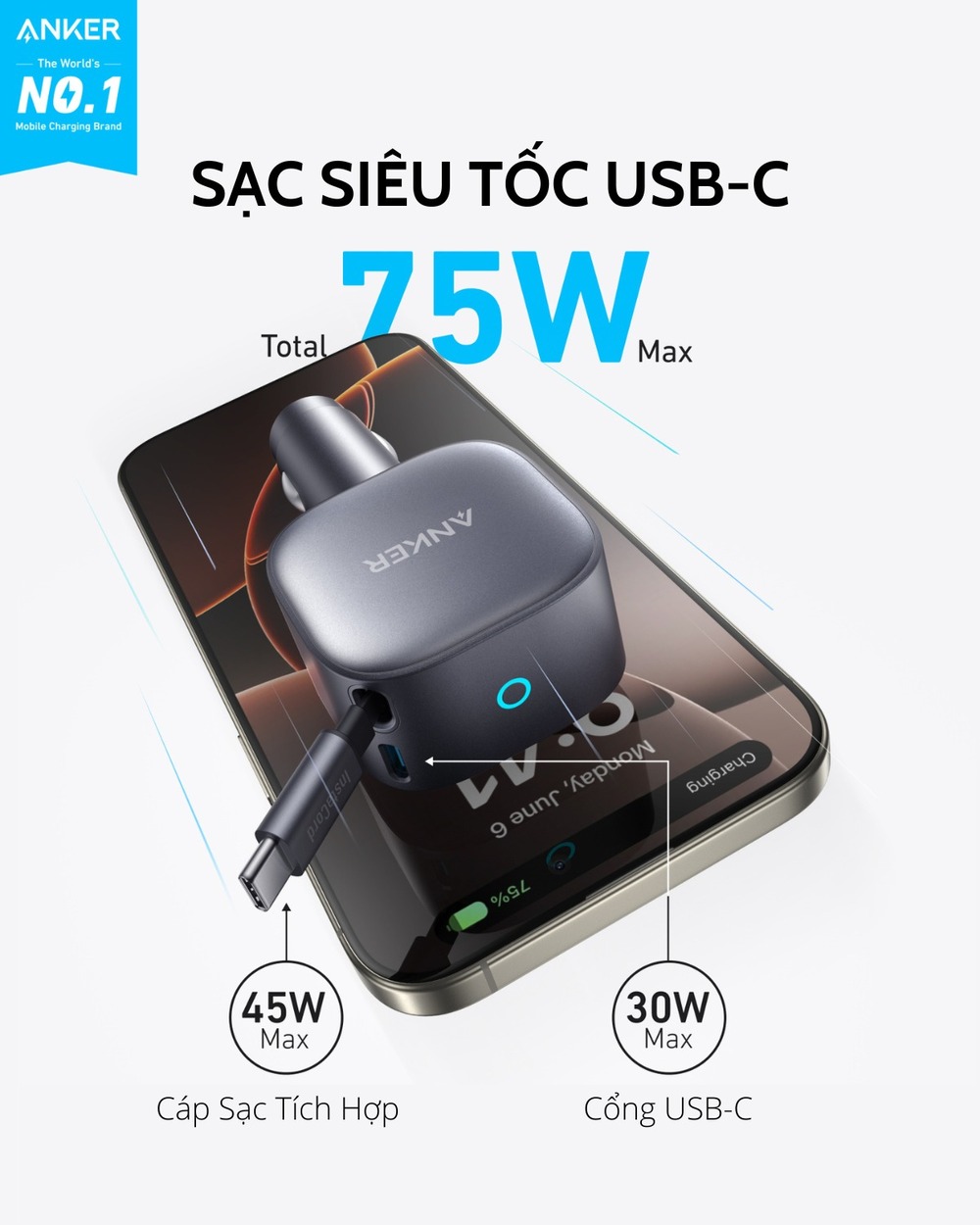 Phụ kiện tẩu sạc ô tô ANKER A2738 với cáp Type-C tích hợp bền bỉ