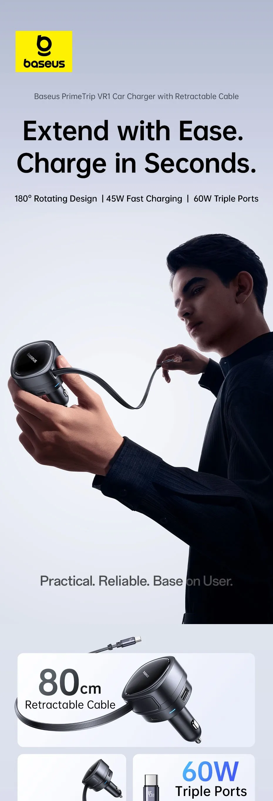 Tẩu sạc ô tô Baseus PrimeTrip VR1 60W với thiết kế hiện đại và dây rút tiện lợi