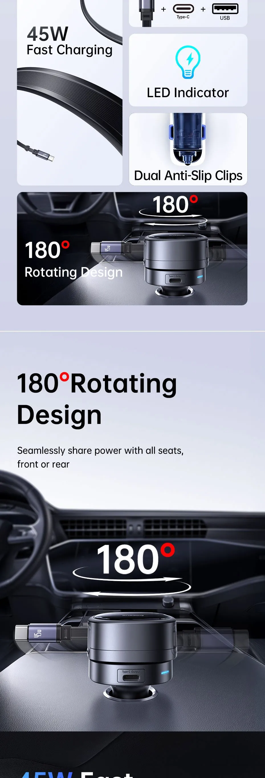 Cận cảnh các cổng sạc nhanh trên tẩu sạc Baseus PrimeTrip VR1