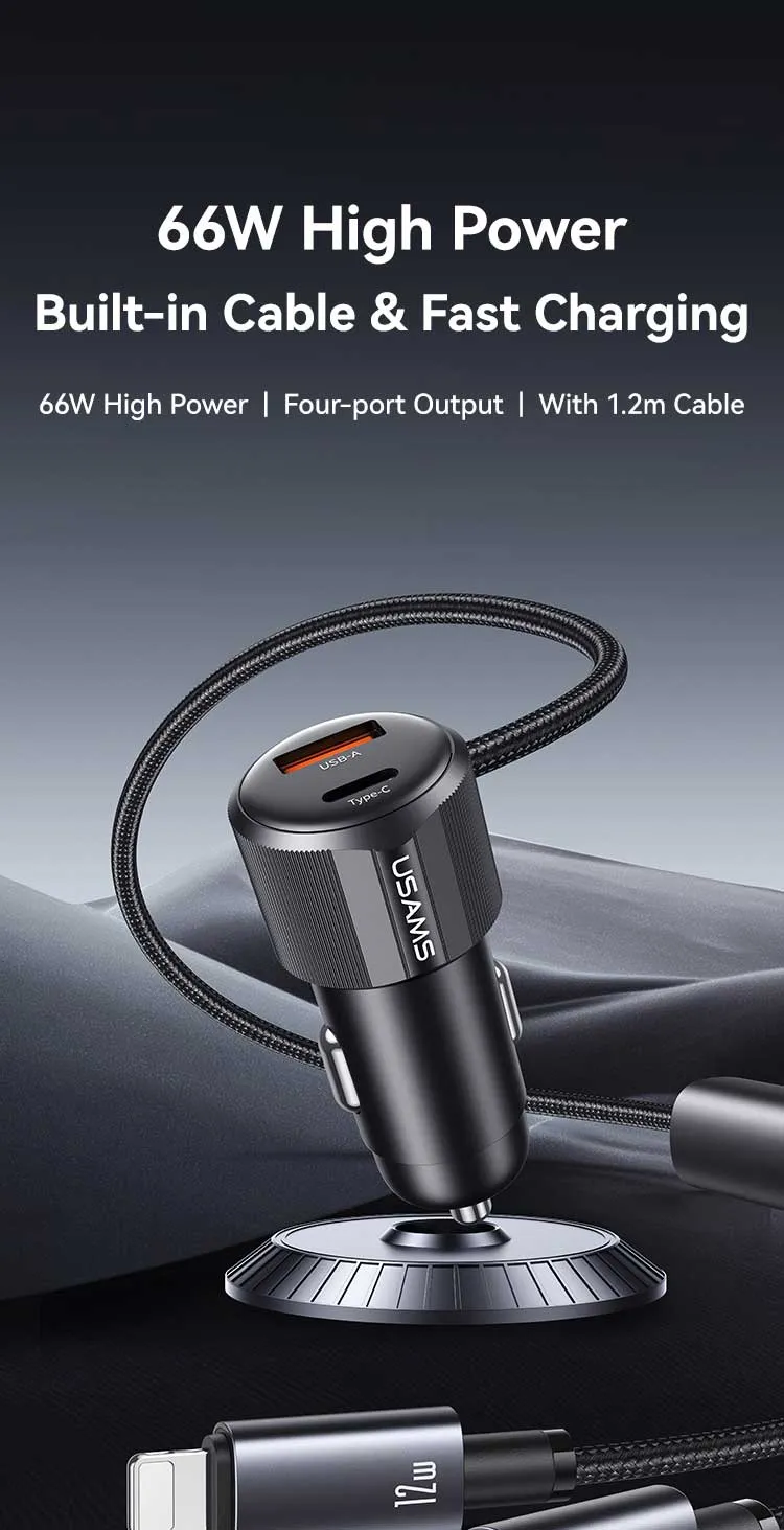 Tổng quan tẩu sạc ô tô USAMS CC287 66W với cáp 2 trong 1