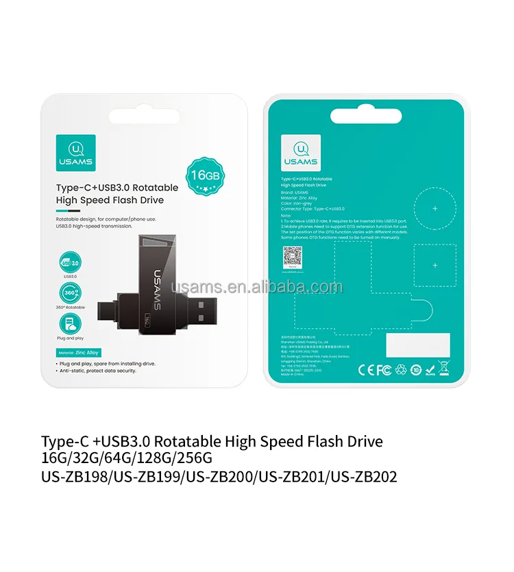 USB USAMS ZB199 32GB với hai đầu kết nối USB-A và Type-C