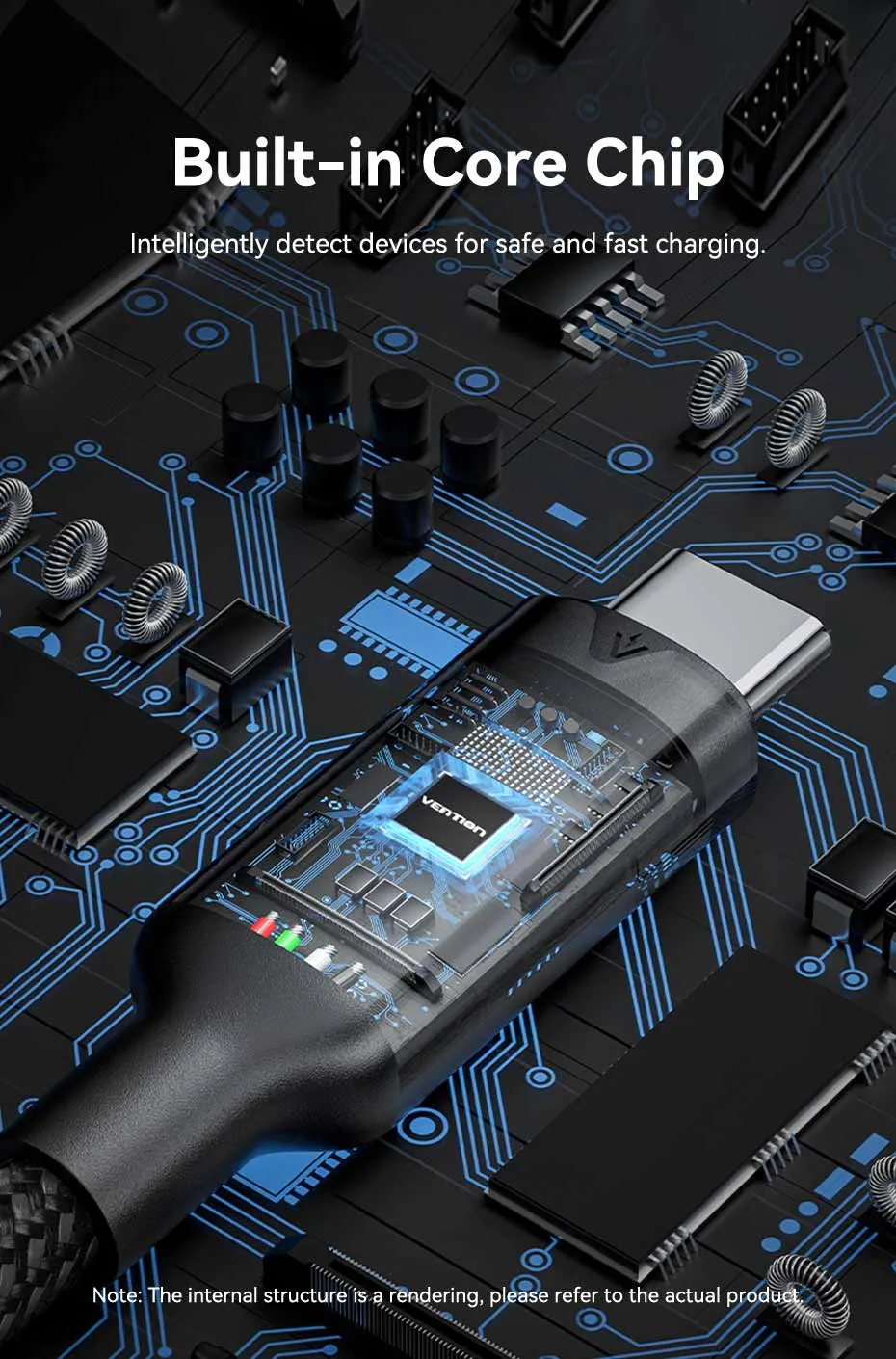 Chi tiết chip thông minh bên trong cáp nối dài C to C VENTION TRF 100W