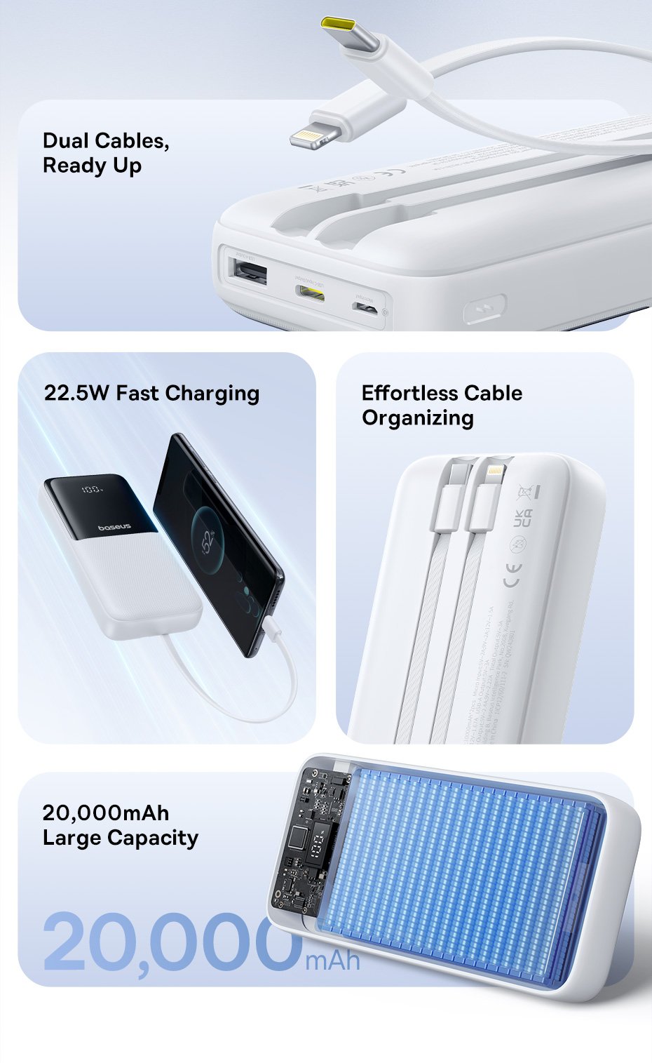Sạc dự phòng 10000mAh với hai cáp tích hợp USB-C và Lightning