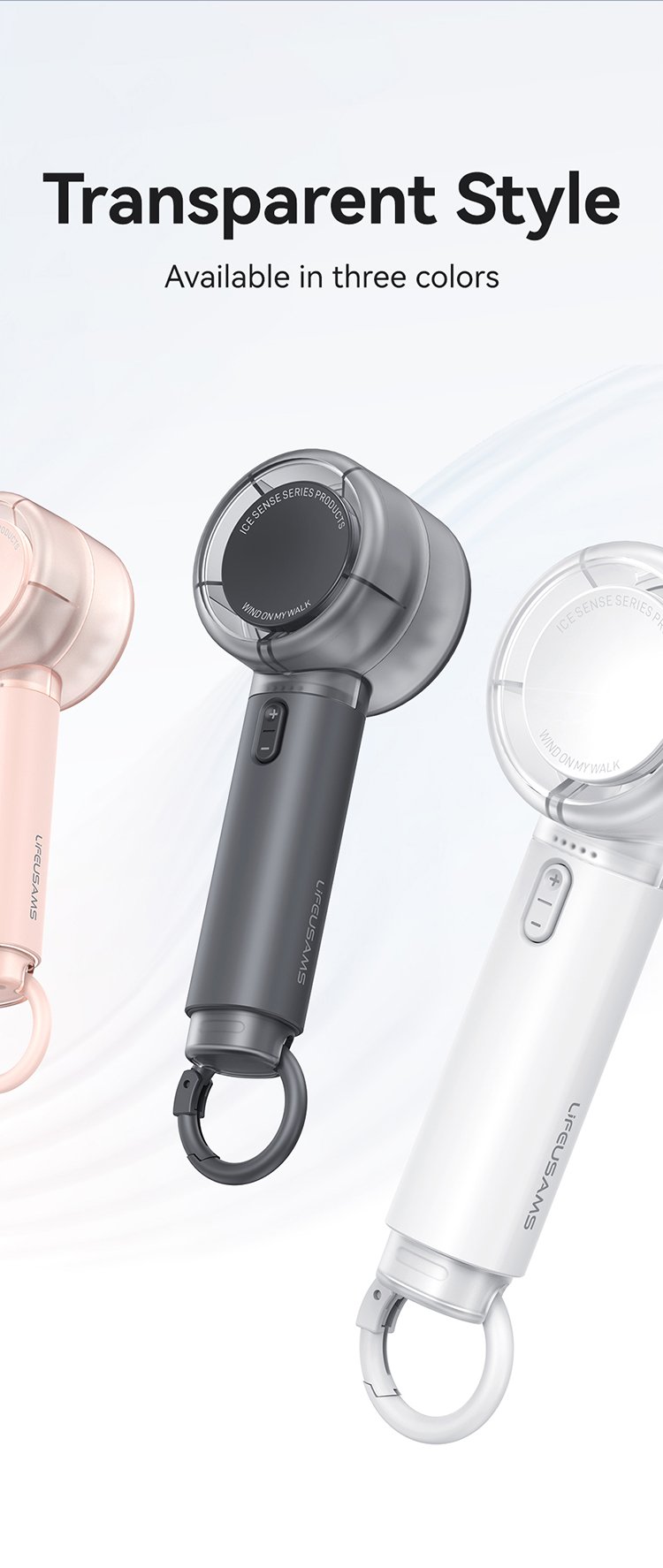 Quạt mini cầm tay USAMS LU01 với 3 màu đen, trắng, hồng