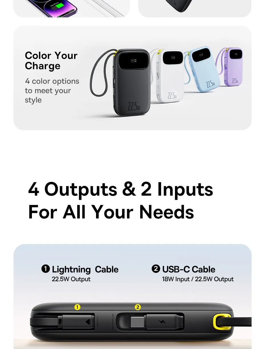 Cáp sạc Lightning và Type-C tích hợp trên pin Baseus Qpow3