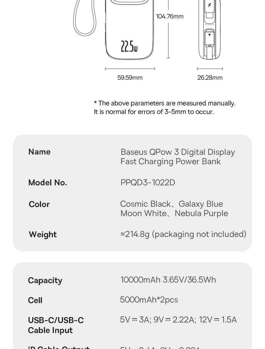 Pin sạc dự phòng Baseus Qpow3 22.5W màu xanh
