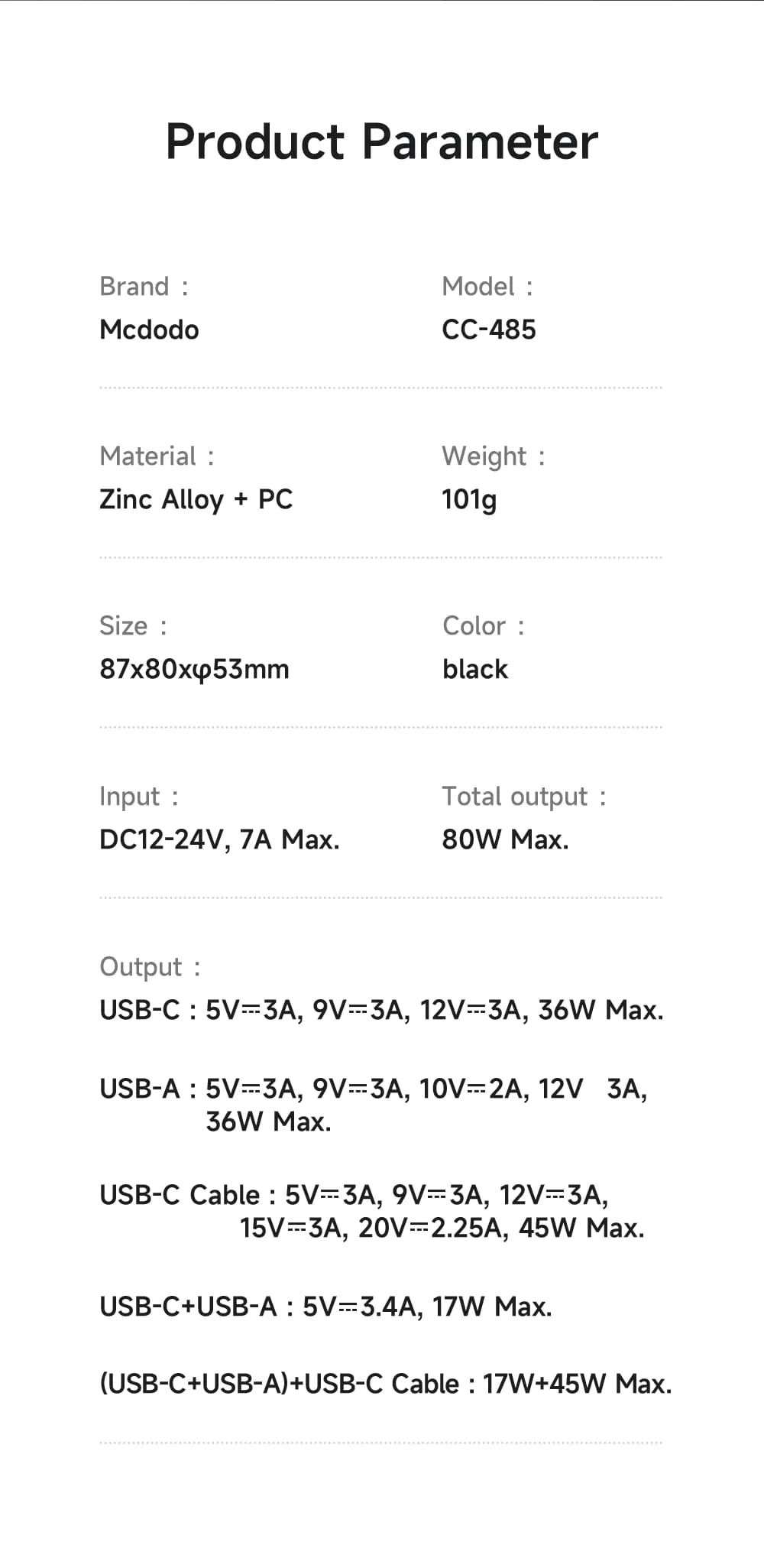Bao bì và thông số sản phẩm tẩu sạc Mcdodo FreeGo 80W