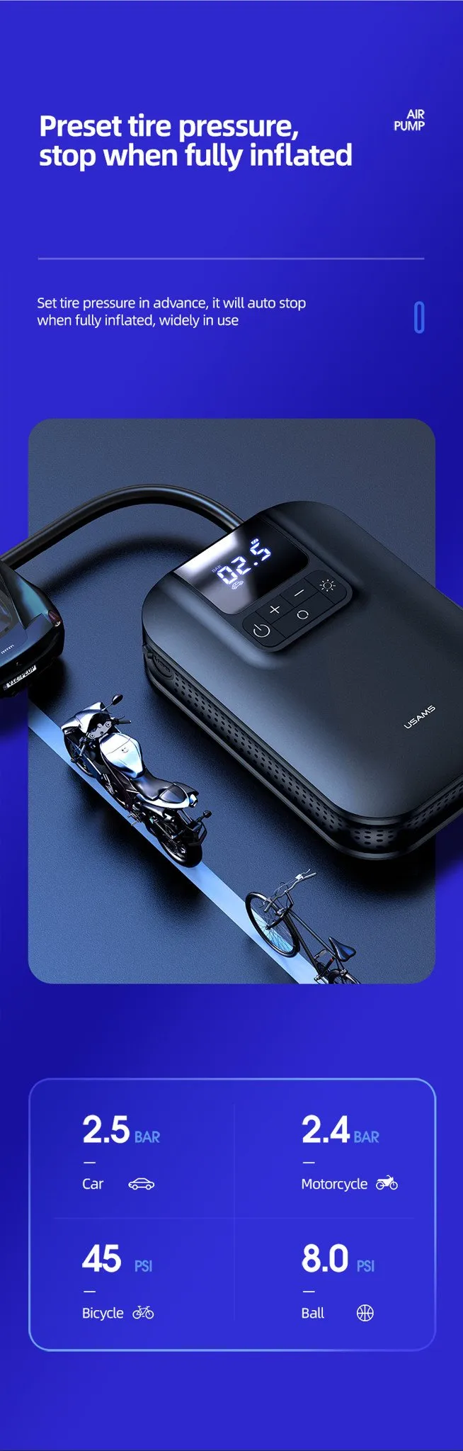Tính năng tự động ngắt khi đủ áp suất của bơm lốp USAMS ZB215