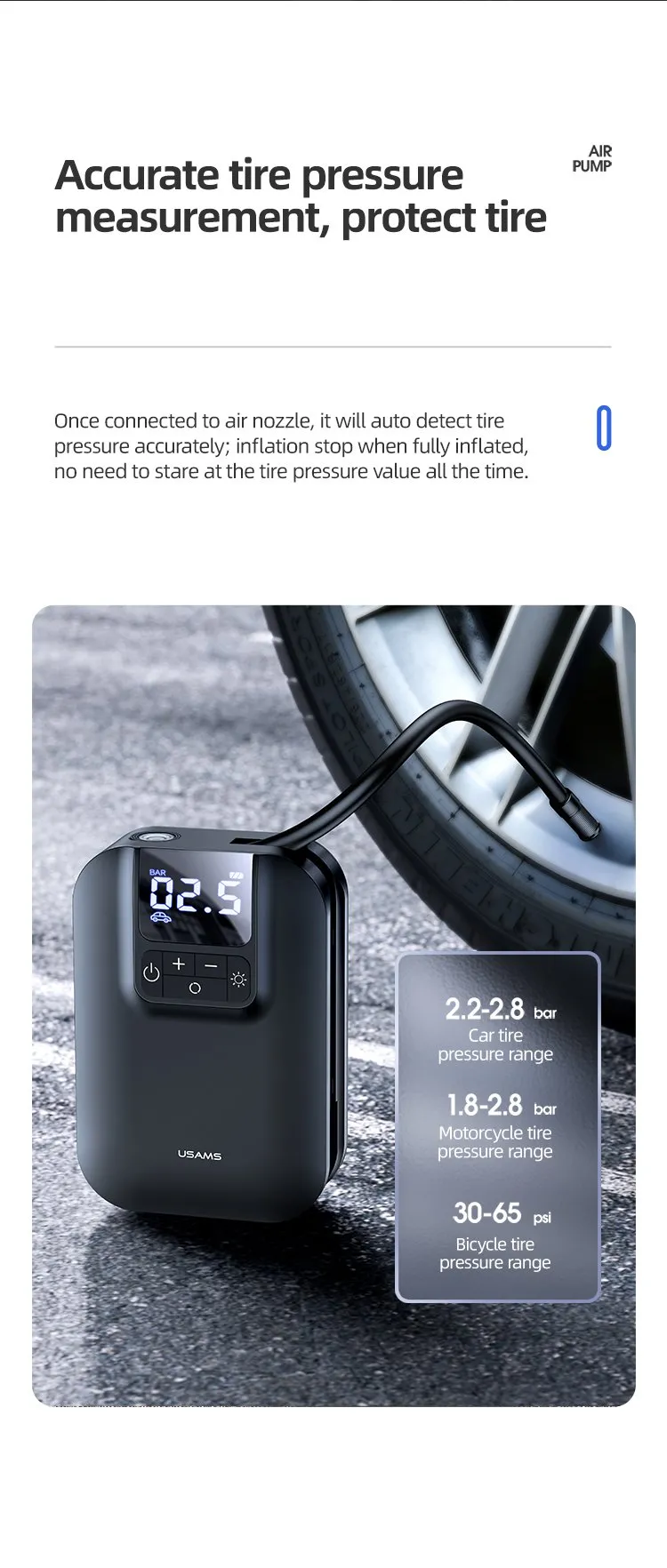 Cấu tạo và các chi tiết của máy bơm lốp xe hơi mini USAMS ZB215