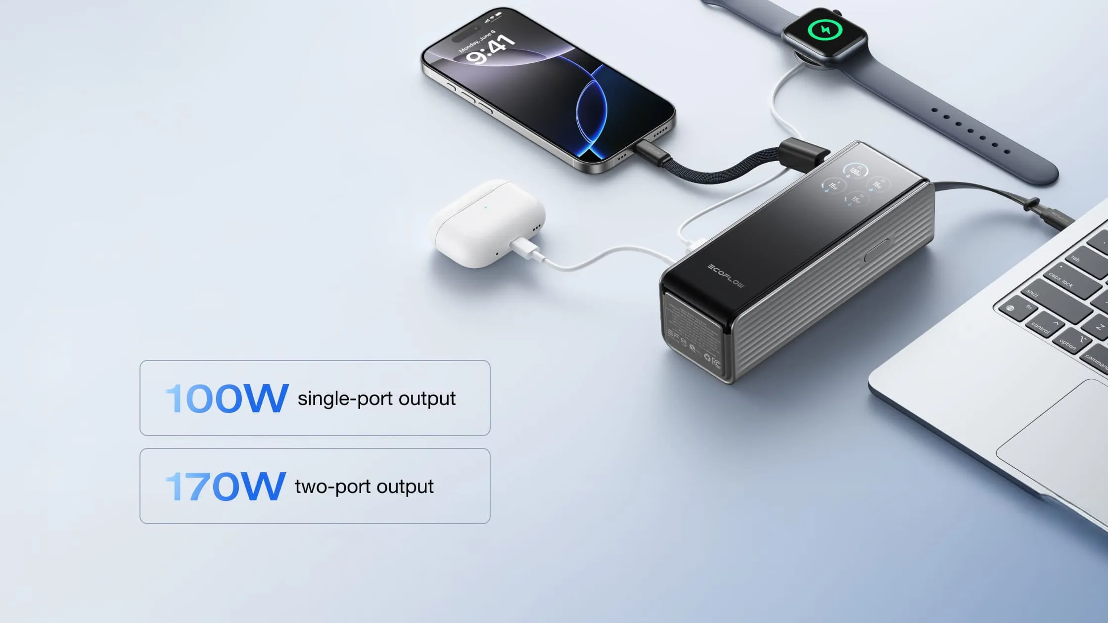 Pin sạc dự phòng EcoFlow RAPID 170W đang sạc cho MacBook và điện thoại