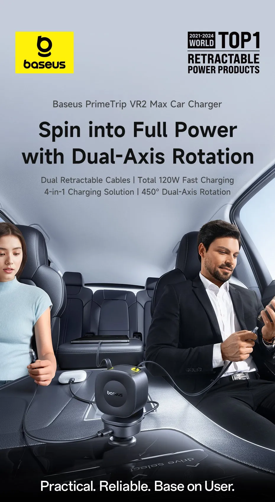 Tẩu sạc Baseus PrimeTrip VR2 Max 60W với thiết kế 3 cổng C và 1 cổng A