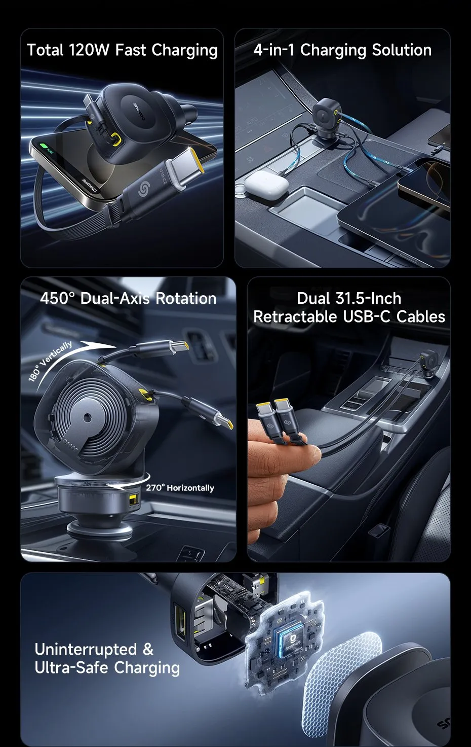 Hai cáp sạc Type-C rút gọn tiện lợi của tẩu sạc ô tô Baseus 60W