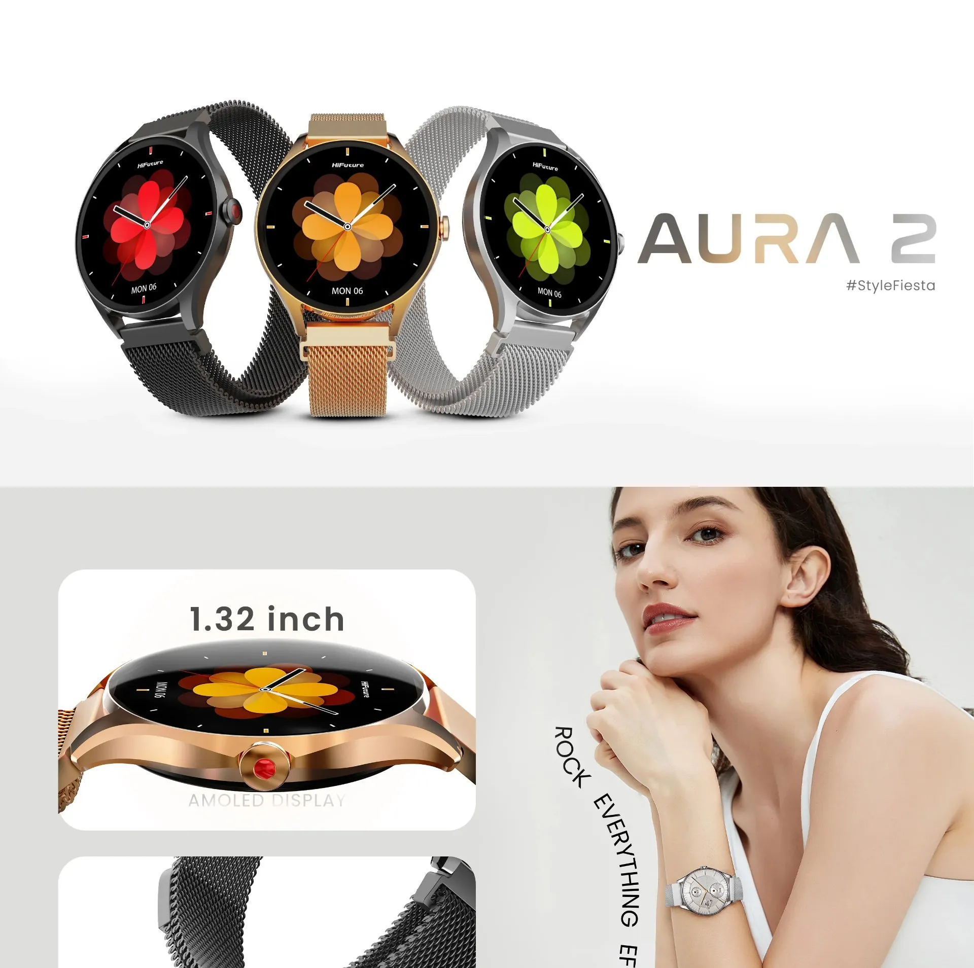 Đồng hồ thông minh HiFuture AURA2 mặt trước hiển thị giao diện
