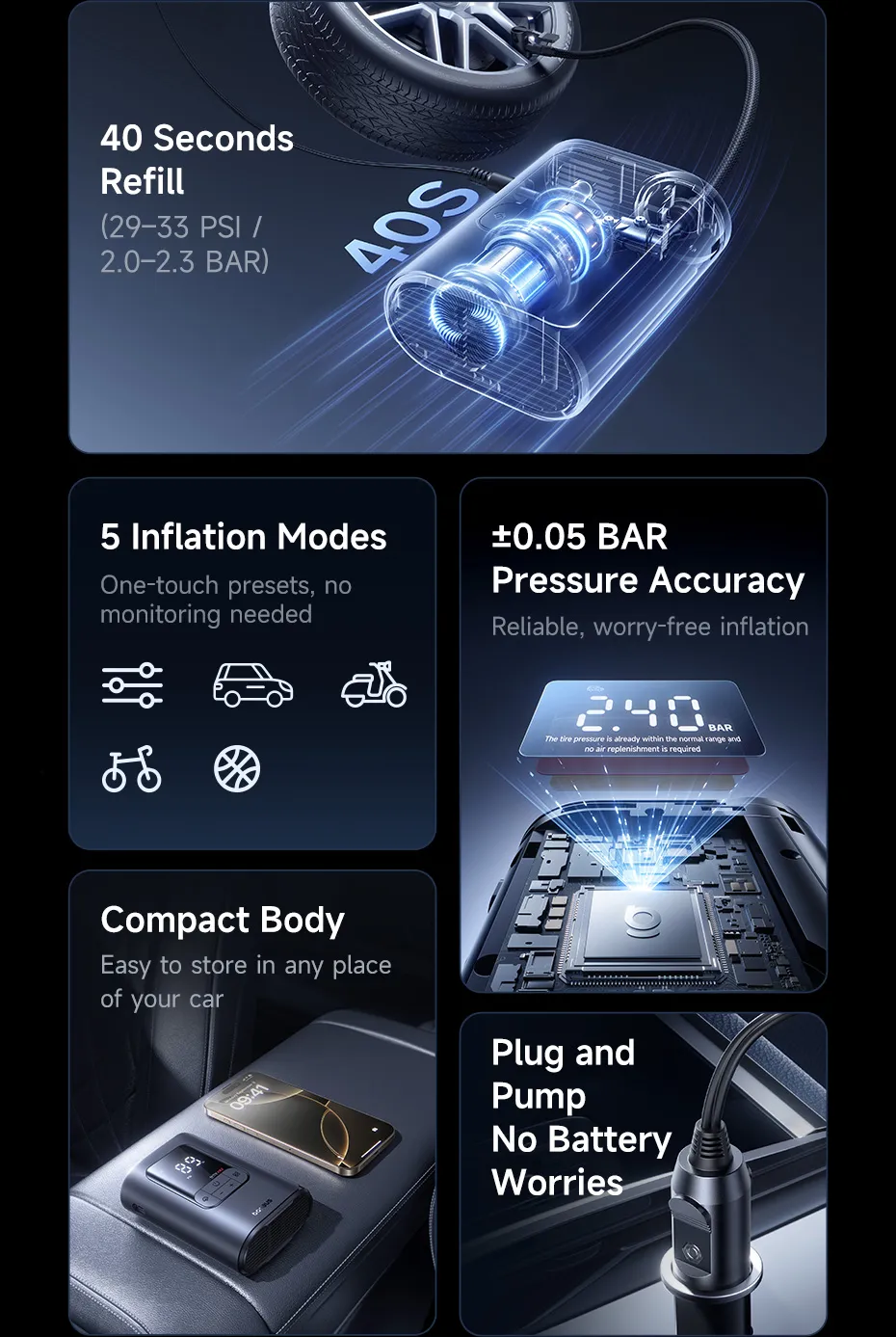 Cận cảnh các nút điều khiển trên bơm lốp không dây Baseus