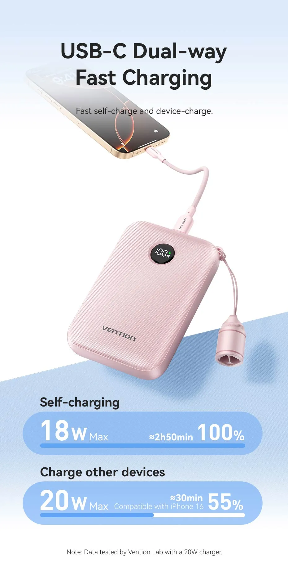 Cáp sạc tích hợp tiện lợi trên pin dự phòng VENTION 10000mAh