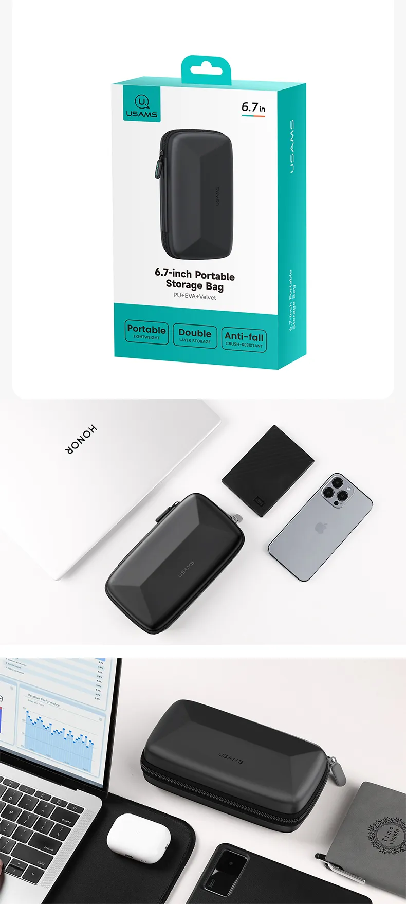 Thiết kế 2 ngăn của túi đựng phụ kiện USAMS Jane06