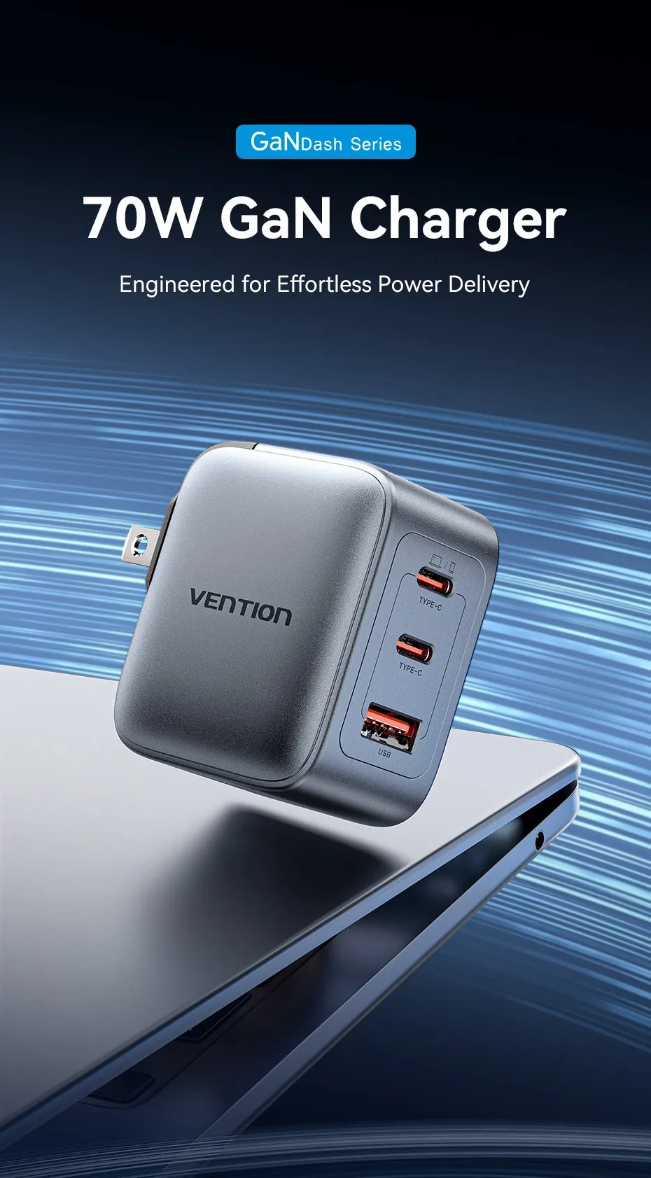 Hình ảnh mặt trước củ sạc nhanh VENTION FEX 70W GaN màu Xám