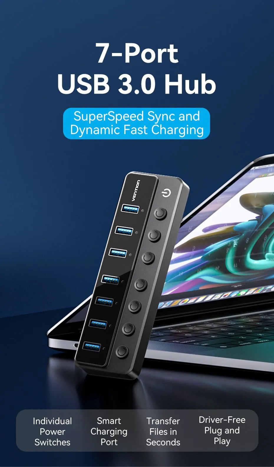 Hub chia cổng tốc độ cao Vention USB-B 3.0 → USB 3.0 x7 với nguồn rời