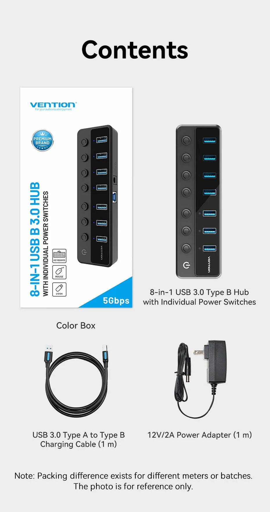 Đóng gói sản phẩm Hub chia cổng Vention USB 3.0 7 cổng