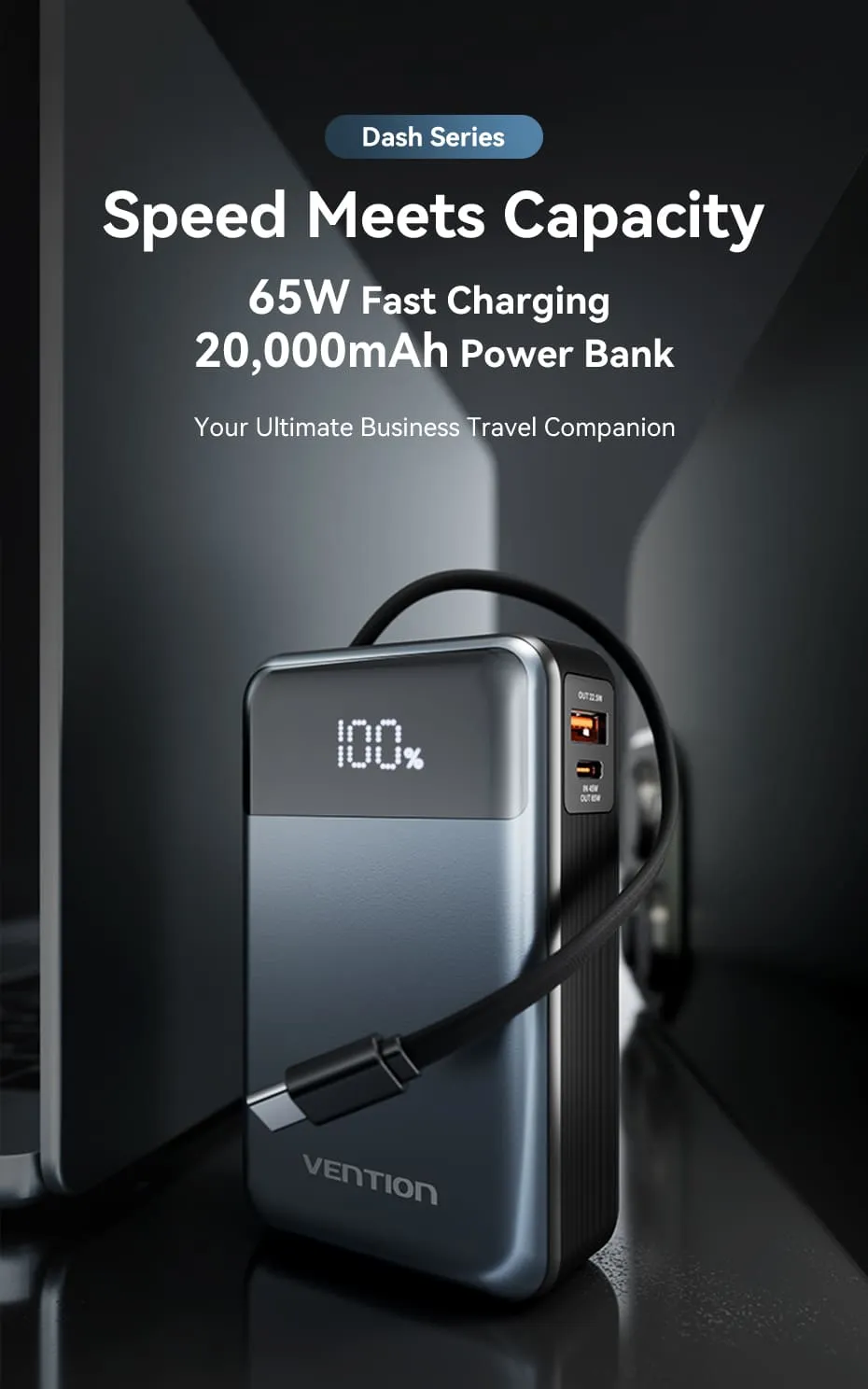 Pin dự phòng Vention Dash FHY 20000mAh 65W tích hợp cáp USB-C - hình 1