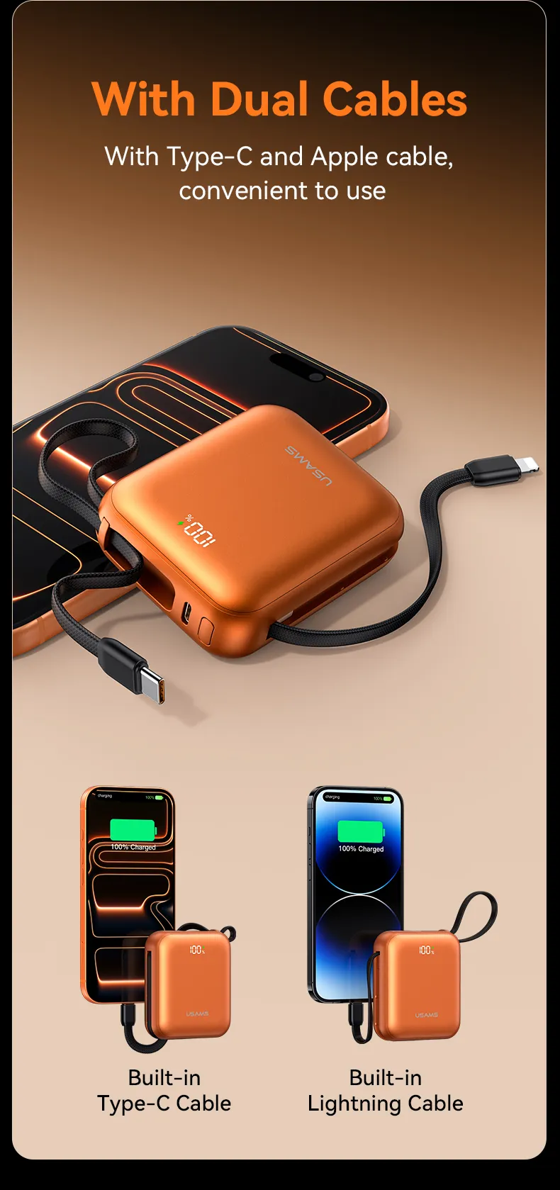 Minh họa sạc đồng thời 3 thiết bị bằng pin USAMS CD258 qua cổng Type-C và cáp