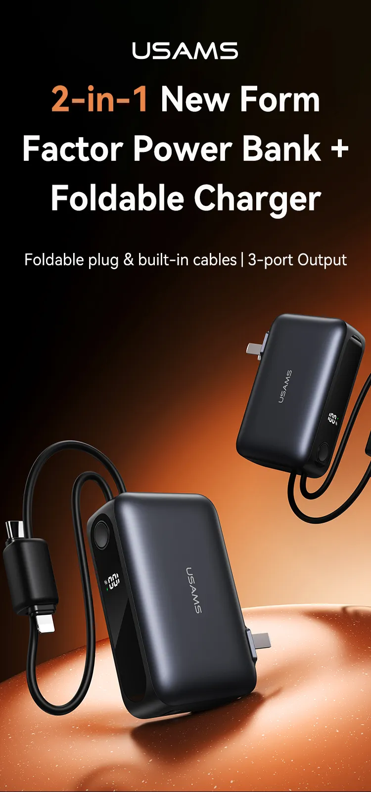 Pin sạc dự phòng USAMS CD260 PB88 3IN1 22.5W 10000mAh với màn hình hiển thị số