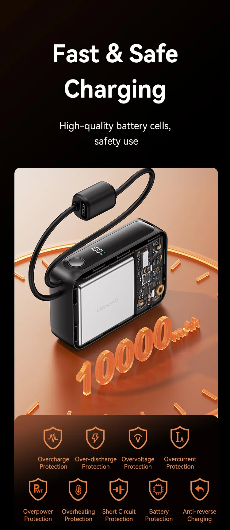 Mặt sau của pin USAMS CD260 PB88 hiển thị thông số kỹ thuật và chứng nhận