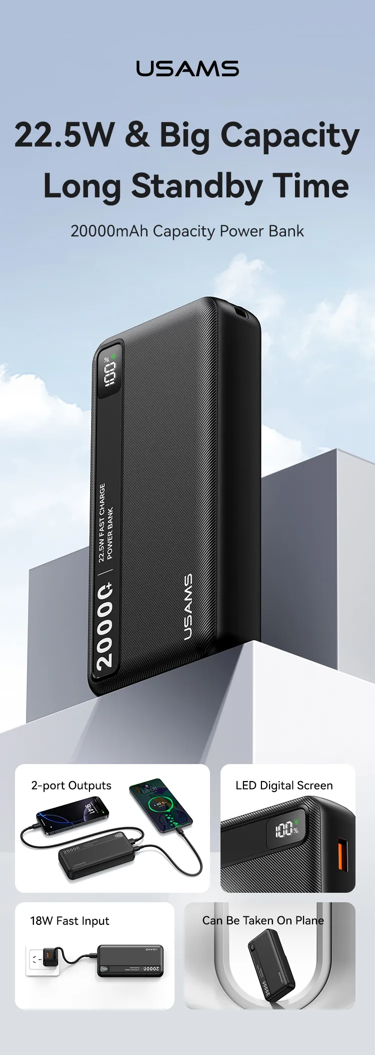 Pin sạc USAMS CD265 dung lượng 20000mAh, góc nhìn tổng thể