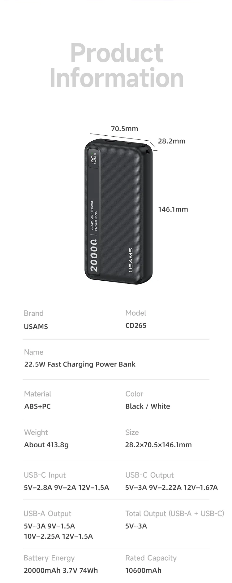 Pin sạc USAMS CD265 22.5W với thiết kế vỏ ABS + PC cao cấp