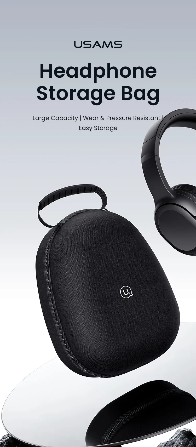 Túi đựng phụ kiện tai nghe chụp tai USAMS ZB292 màu đen, góc chính diện