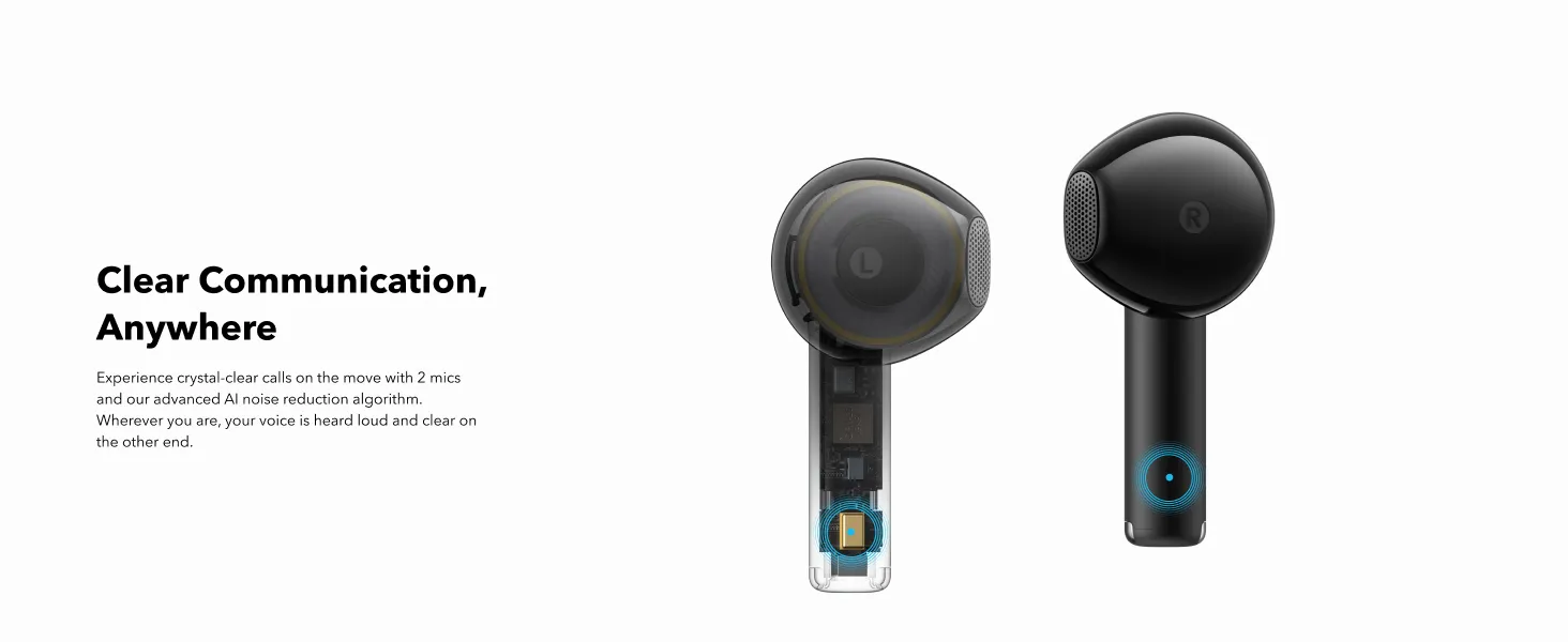 Tai nghe Anker Soundcore K20i – góc chụp earbud khi đặt trên bàn thể hiện độ hoàn thiện cao