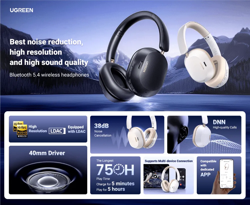 Tai nghe UGREEN HiTune Max5c ANC – chi tiết đệm tai mềm mại và khung điều chỉnh linh hoạt