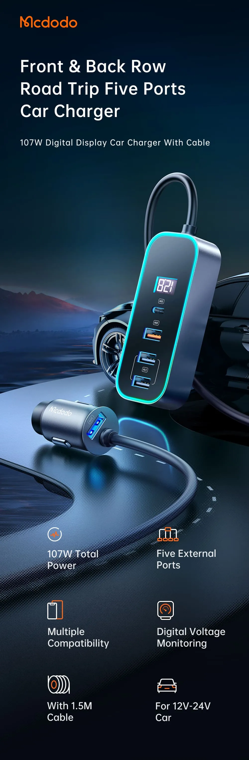 Tổng quan tẩu sạc nối dài LED RGB Mcdodo 107W 5 cổng 4U1C chính hãng